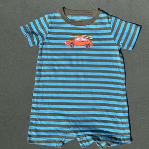 Carter's Blue & Brown Striped Romper with Orange Car Applique